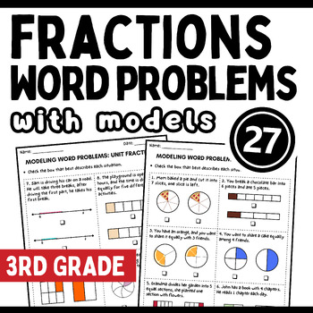 Preview of ❤️ 3rd grade Math Fraction Review Word Problem with modeling Fraction Task cards