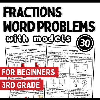 Preview of ❤️ 3rd grade Math Fraction Word Problems with models Fraction Task card no prep
