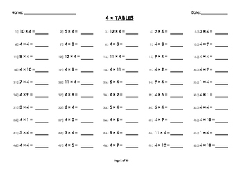 Preview of (4 x) Four Multiplication/Times Tables Drill/Mental Maths Worksheets/Booklet