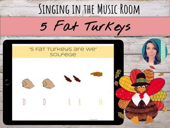 Preview of "5 Fat Turkeys" Music Lesson with Lyrics, Chords, Solfege, Rhythm, Game, & Test