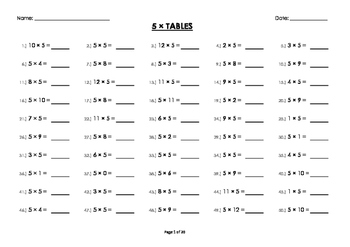 (5 x) Five Multiplication/Times Tables Drill/Mental Maths Worksheets