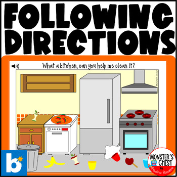 Preview of Following Directions Clean Kitchen Boom Cards with audio SPED Speech Room