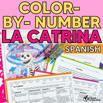 Preview of La Catrina Color By Number Reading in Spanish Day of Dead