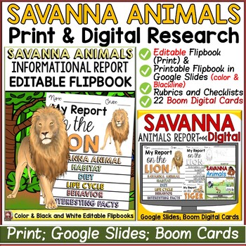 SAVANNA ANIMALS RESEARCH TEMPLATES: PRINT & DIGITAL- GOOGLE DRIVE-BOOM CARDS