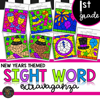 Preview of First Grade New Years Color by Code Sight Word Activities