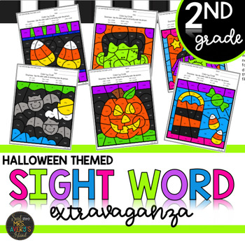 Preview of Second Grade Halloween Themed Color by Code Sight Word Activities