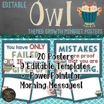 Preview of Owl Themed Growth Mindset (Editable)