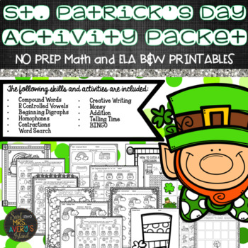 Preview of St. Patrick's Day Math and ELA Activities March Centers