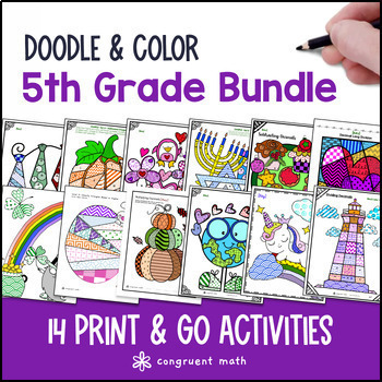 Preview of 5th Grade Doodle Math BUNDLE | Twist on Color by Number Worksheets | Sub Plans