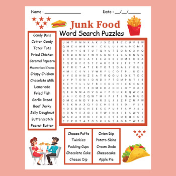 (6th, 7th... up to 12th Grade) Junk Food Word Search Puzzle Worksheet ...