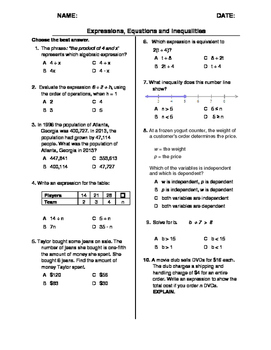 Preview of (6th Grade) Expressions, Equations and Inequalities QUIZ