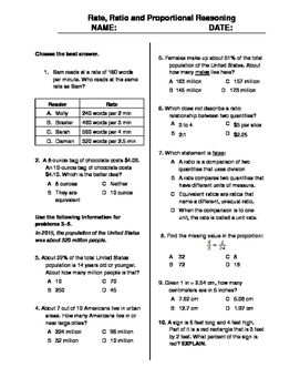 Preview of (6th Grade) Rate, Ratio and Proportional Reasoning QUIZ