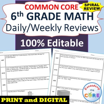 Preview of ⭐6th Grade SPIRAL MATH REVIEW Common Core | Print & Digital