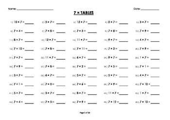 Preview of (7 x) Seven Multiplication/Times Tables Drill/Mental Maths Worksheets/Booklet