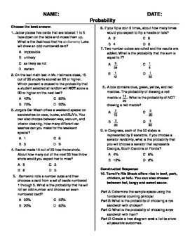 probability review worksheet 7th grade