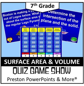 Preview of (7th) Quiz Show Game Surface Area and Volume in a PowerPoint Presentation