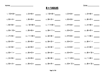 Preview of (8 x) Eight Multiplication/Times Tables Drill/Mental Maths Worksheets/Booklet