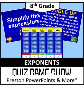 Preview of (8th) Quiz Show Game Exponents in a PowerPoint Presentation