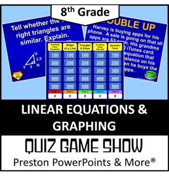 Preview of (8th) Quiz Show Game Linear Equations and Graphing in a PowerPoint Presentation