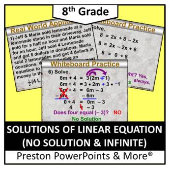 Preview of (8th) Solving Linear Equations (No Solution and Infinite) in a PowerPoint