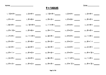 Preview of (9 x) Nine Multiplication/Times Tables Drill/Mental Maths Worksheets/Booklet