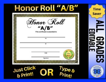 Preview of "A/B" Honor Roll Certificate Gold Foil Border - All Grades - Editable