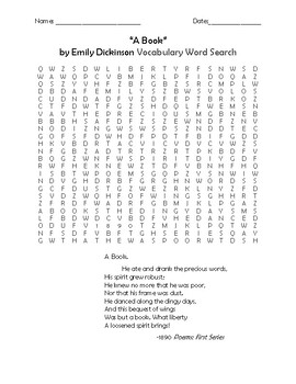 Preview of "A Book" by Emily Dickinson Vocabulary Word Search and Poem
