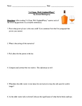 Preview of Hemingway's "A Clean, Well-Lighted Place" Worksheet (or Test) with Answer Key