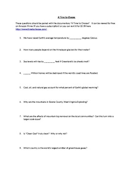 Preview of "A Time to Choose" Documentary Worksheet and Answer Key