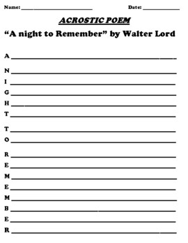 Preview of “A night to Remember” by Walter Lord  ACROSTIC POEM WORKSHEET