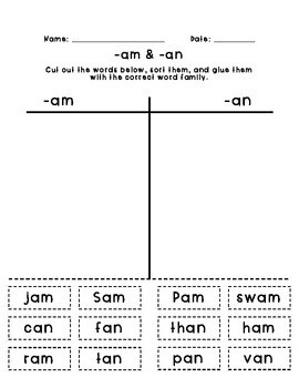 -AM and -AN Word Family Word Sort by Fantastical First Grade | TpT