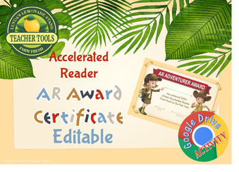 Preview of ❤❤❤ Accelerated Reader Adventure Award Certificate Editable - Google Drive