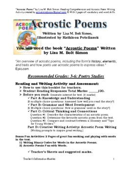 Preview of “Acrostic Poems” by Lisa M. Bolt Simon. Reading Comprehension and Acrostic Poem