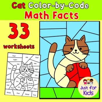 Preview of [Addition and Subtraction] 33 Cat Color-by-Code Worksheets
