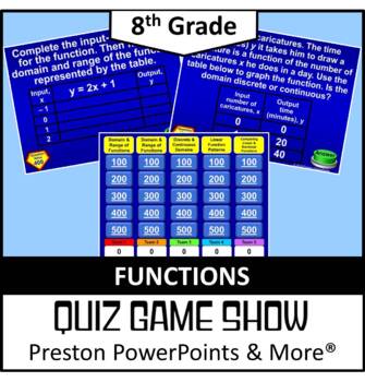 Preview of (8th) Quiz Show Game Functions Domain, Range, & Comparing Rates in PowerPoint