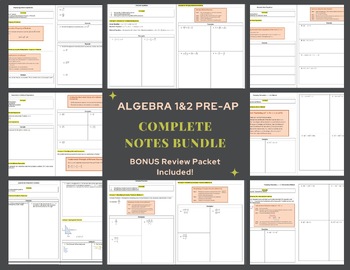 Preview of Algebra 1&2 Pre-AP | Full Year of Notes/ Practice Sheet Bundle | All Topics