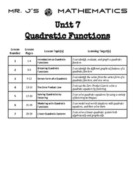 Preview of (Algebra 1 Curriculum) Algebra 1 Unit 7 Packet - Quadratic Functions
