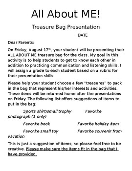 "All About Me!" Treasure bag parent letter by Texas ...
