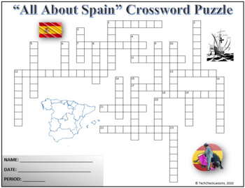 All About Spain Crossword Puzzle Activity Worksheet by TechCheck Lessons