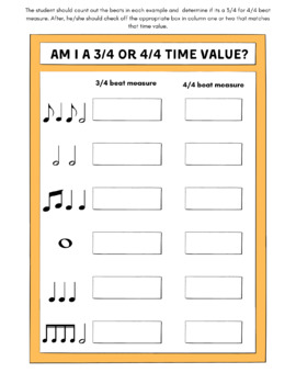 Preview of "Am I a 3/4 or 4/4 beat measure"? -Time value review sheet