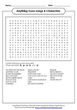 Preview of "Anything Goes" Broadway Musical Songs and Characters Word Search