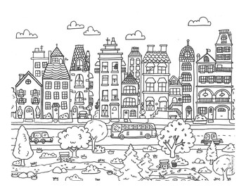 Preview of "Around Town" Community/Civics Focused Coloring Activity Printable, Grades K-5