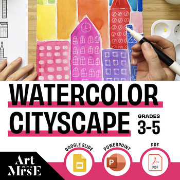 Preview of Art Lesson || Watercolor Cityscape Elementary Art Project