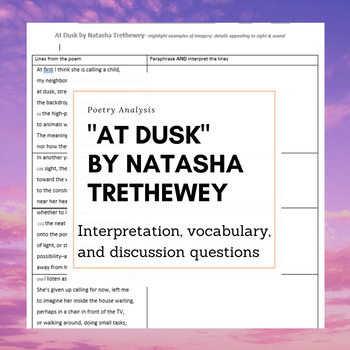 At Dusk By Natasha Trethewey Interpretation And Analysis Worksheet
