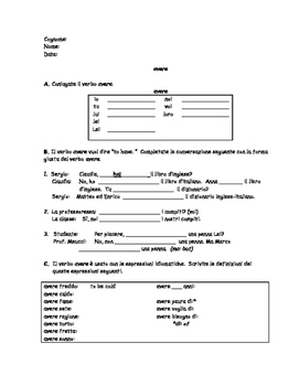 Preview of "Avere" ("to have") Italian worksheet