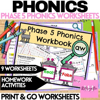 Preview of AW Digraph Phonics Worksheets Phoneme 'aw' Long Vowel Diphthong Phase 5
