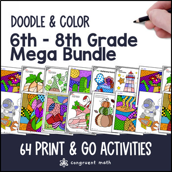 Preview of 6th - 8th Grade Doodle Math Worksheets | Twist on Color by Number | Sub Plan
