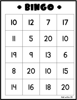 +BINGO+ Add within 20 for Second Grade Math by Teach to Create Curiosity