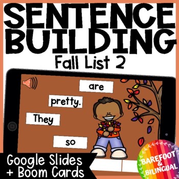 Preview of Fall Sentence Building Boom Cards & Google Slides | Kindergarten Sight Words
