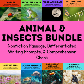 Preview of **BUNDLE**  Animals & Insects Nonfiction Passage, Writing Prompts, & Comp. Check